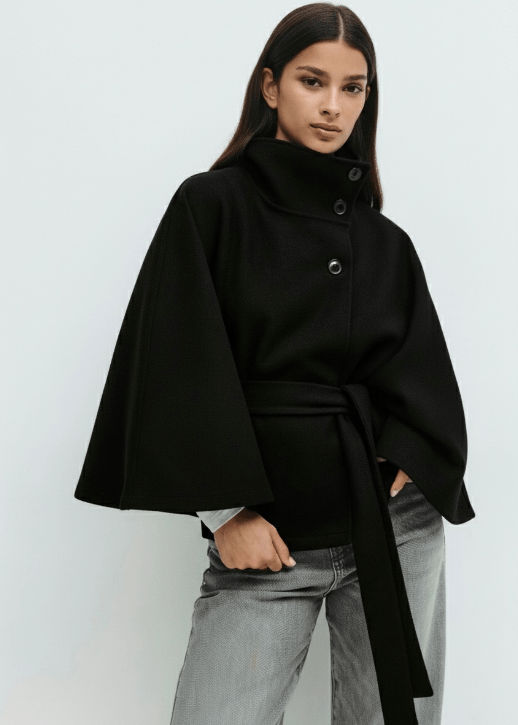 Velira Chloe | High-Neck Belted Cape Jacket Chloe | Aukštos Kaklo Diržinė Cape Striukė