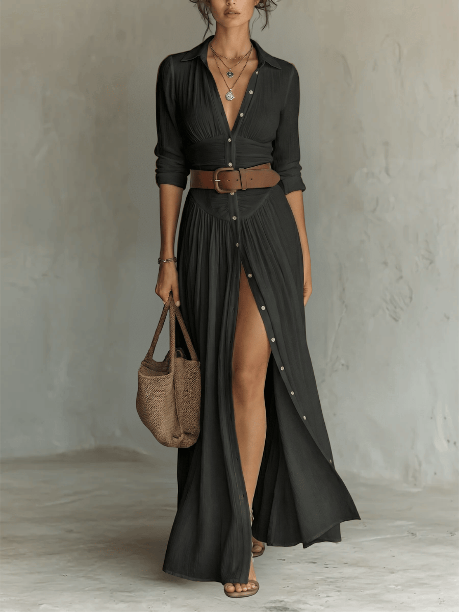 Velira DRESSES Juoda / XS Lino Maxikleid Reverskragen Ilgomis Rankovėmis