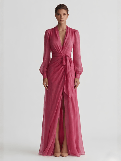 Rožinė Chiffon Suknelė V-Kaklu