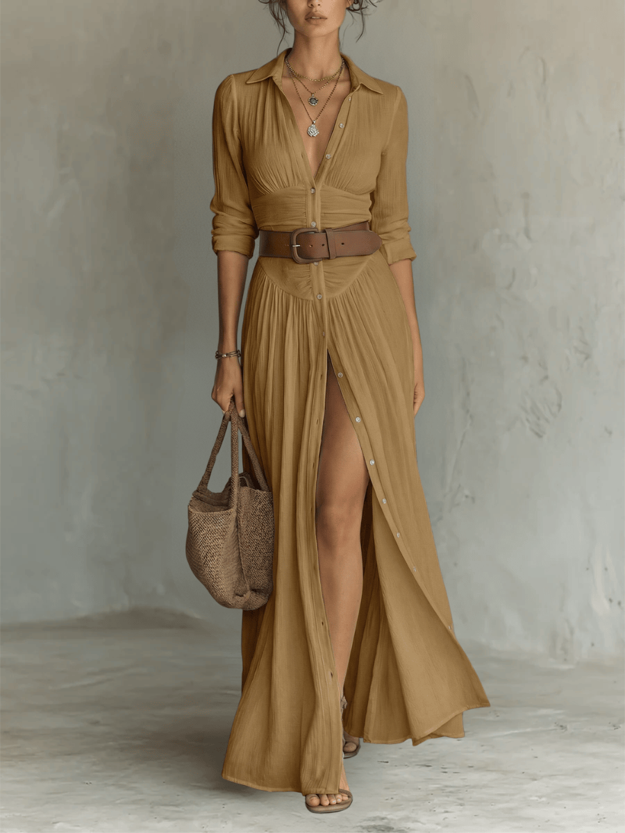 Velira DRESSES Ruda / XS Lino Maxikleid Reverskragen Ilgomis Rankovėmis