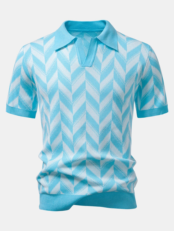 Velira Polo šviesiai mėlyna / S Geometrinė Mezginė V Formos Polo Marškiniai