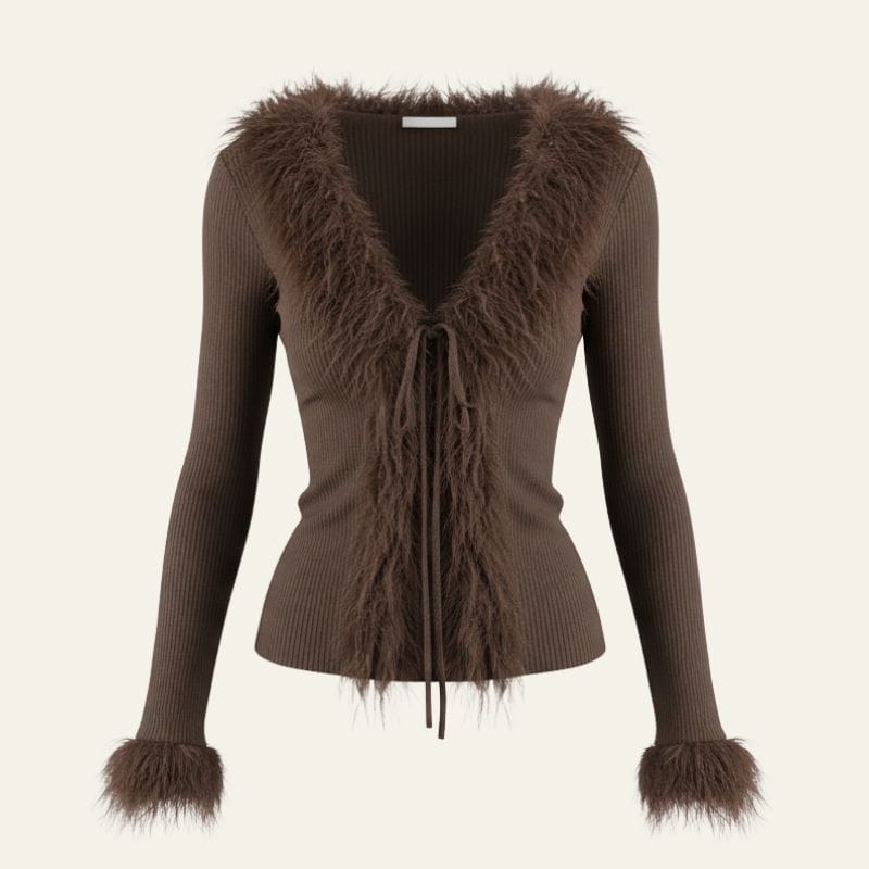 Velira Womens Knitwear Juoda/ Ruda / S Ženevos dirbtinio kailio apdaila V formos megztinis