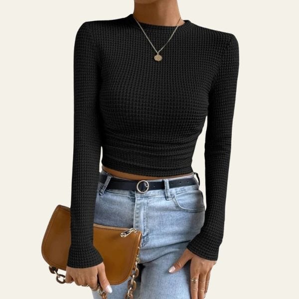 Velira Womens Tops Juoda / S Delancey tekstūruotas ilgomis rankovėmis prigludęs viršus